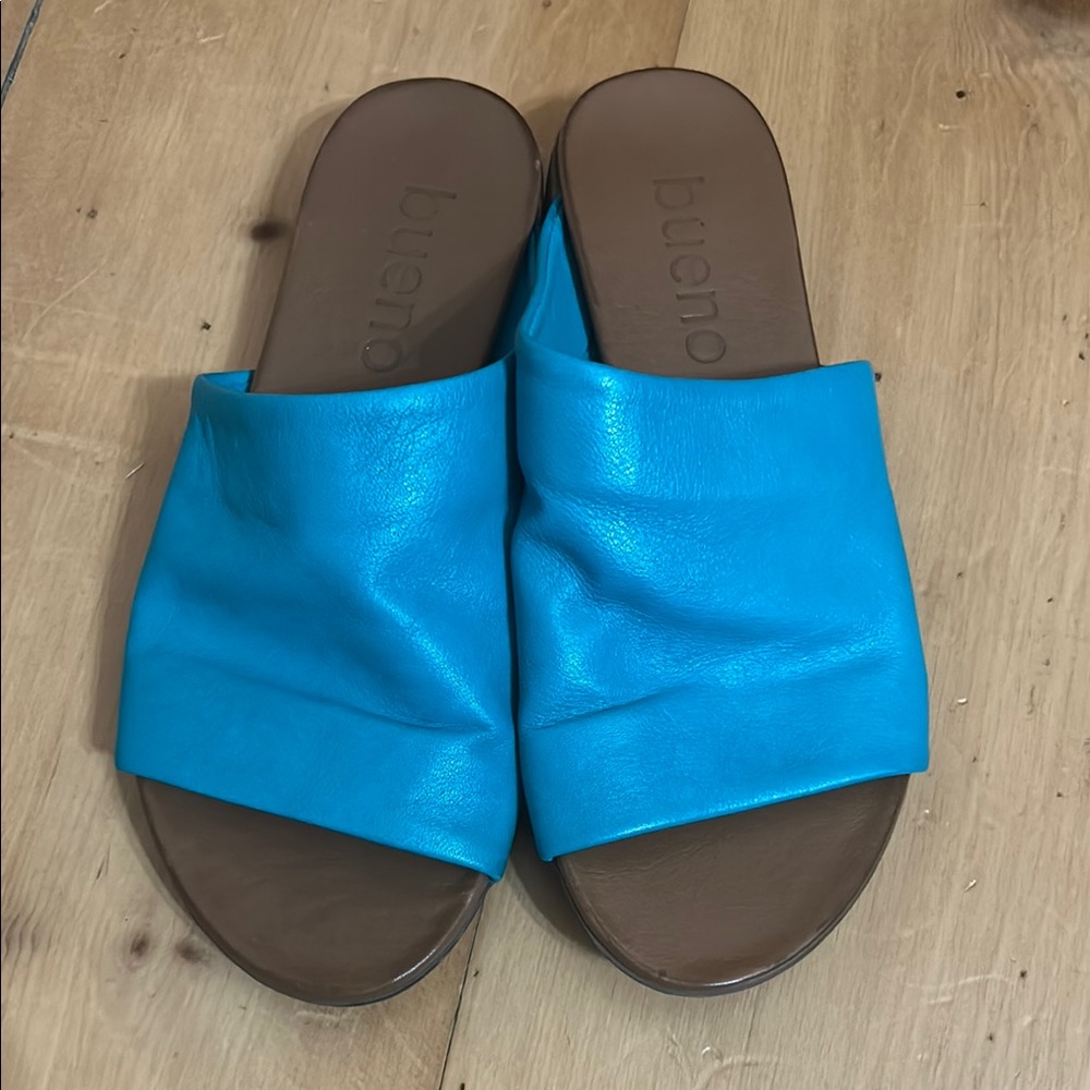 Bueno Teal and Brown Slide Sandals